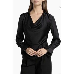 Simkhai Womens Symone Drape Neck Top Size 8 Black Long Sleeve Satin Blouse